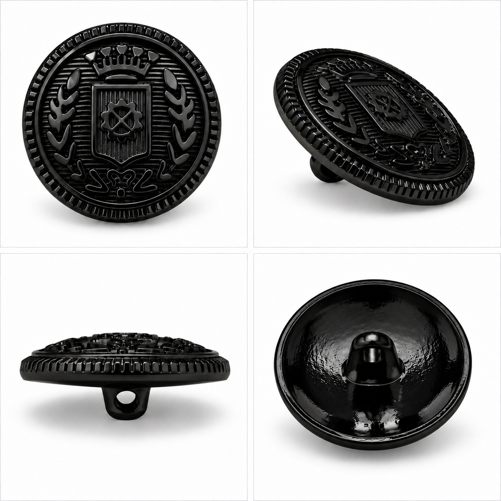 VP 13 Glossy Black Metal Shank Button with Heraldic Crest – 15–22 mm - Premium Fashion Accessories