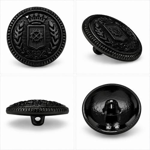 VP 13 Glossy Black Metal Shank Button with Heraldic Crest – 15–22 mm - Premium Fashion Accessories