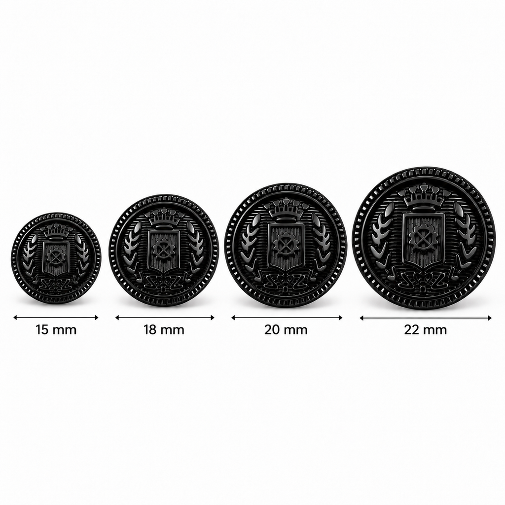 VP 13 Glossy Black Metal Shank Button with Heraldic Crest – 15–22 mm - Premium Fashion Accessories