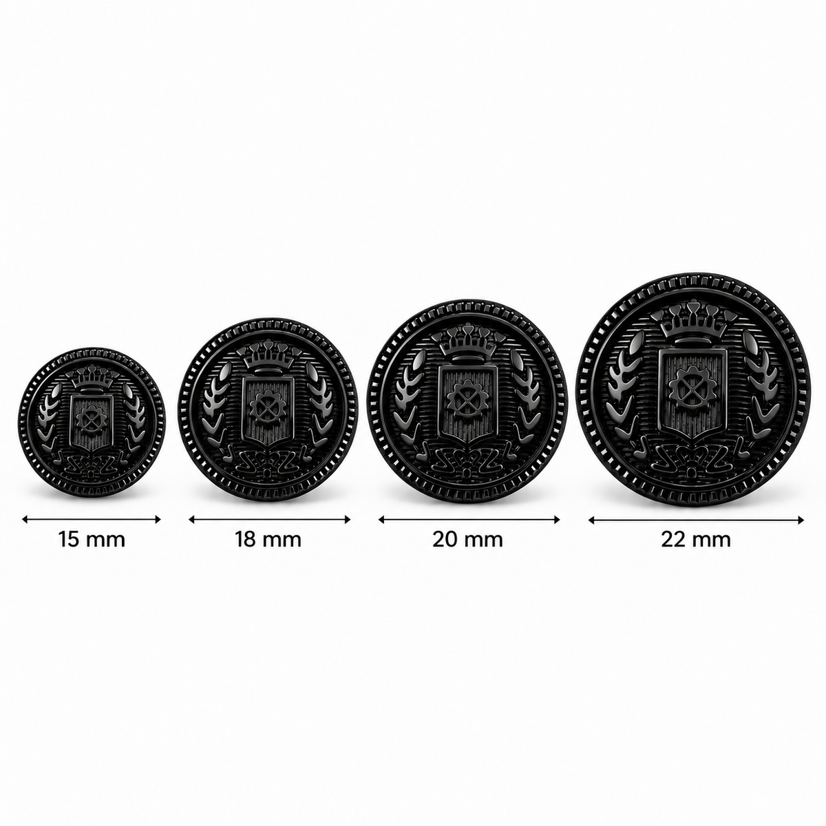 VP 13 Glossy Black Metal Shank Button with Heraldic Crest – 15–22 mm - Premium Fashion Accessories