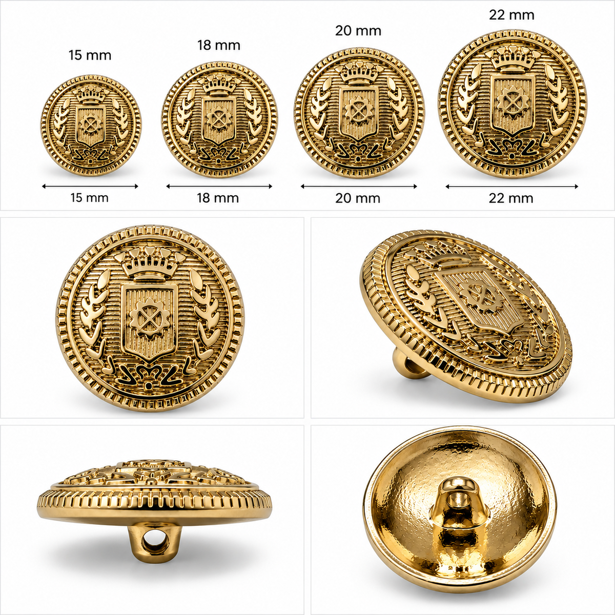 VP 13 Gold Metal Shank Button with Heraldic Crest – 15–22 mm - Premium Fashion Accessories
