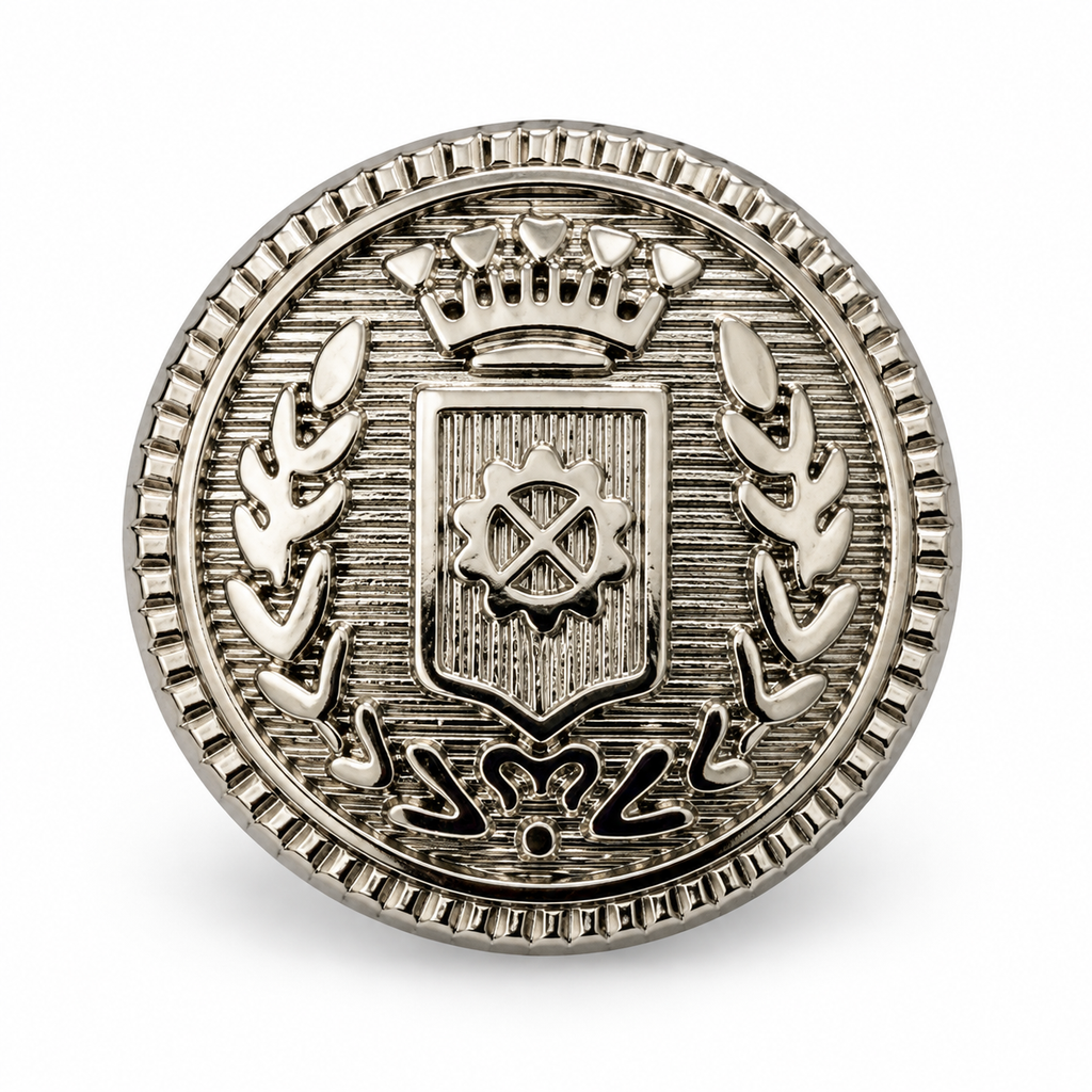 VP 13 Silver Metal Shank Button with Crest Design – 15–22 mm - Premium Fashion Accessories
