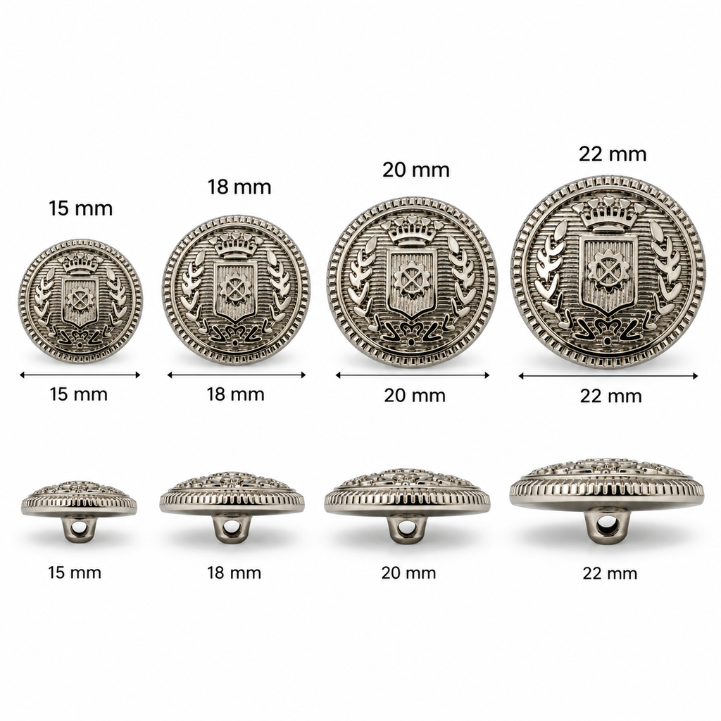 VP 13 Silver Metal Shank Button with Crest Design – 15–22 mm - Premium Fashion Accessories