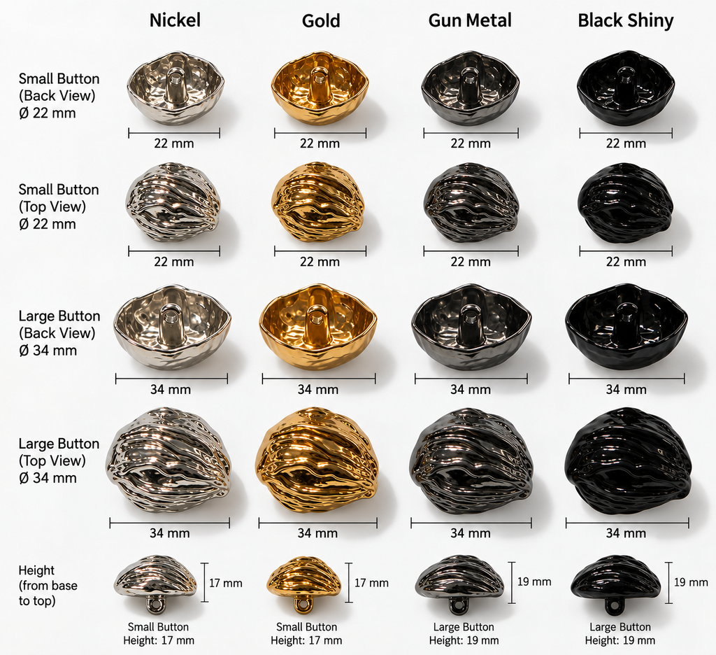 VP 22 Silver Rounded Metal Shank Button Set – 22 & 34 mm - Premium Fashion Accessories