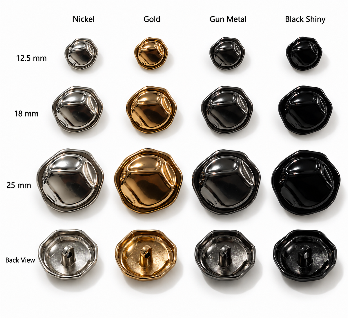 VP 23 Shiny Black Modern Line Metal Shank Button – 12.5, 18 & 25 mm - Premium Fashion Accessories