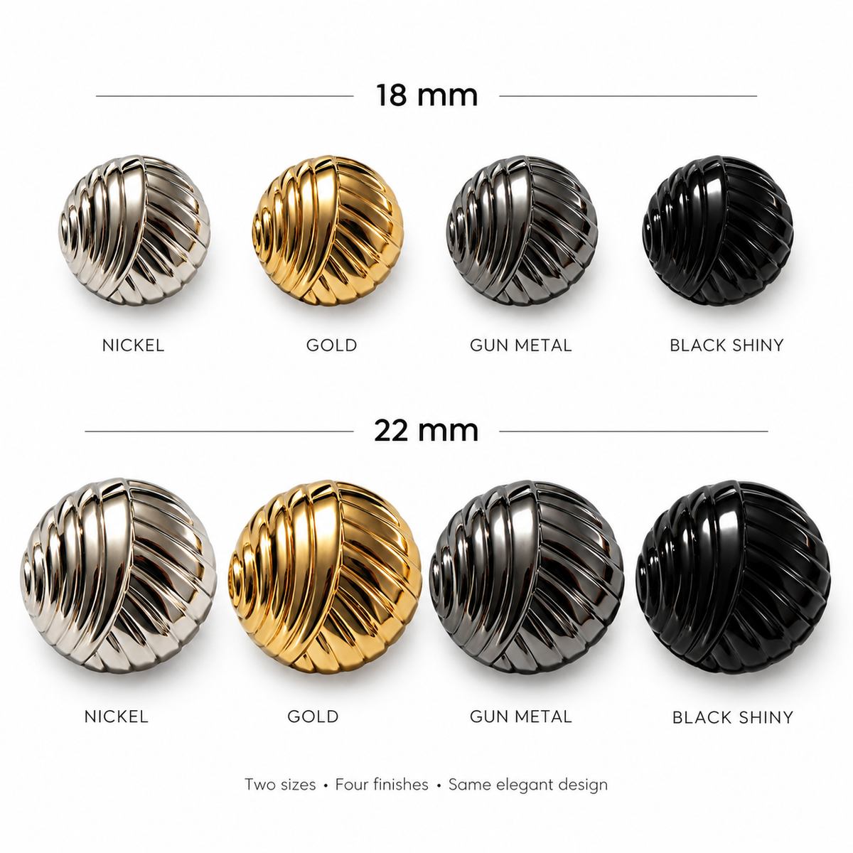 VP 32 Shiny Black Striped Pattern Metal Shank Button – 18 & 22 mm - Premium Fashion Accessories