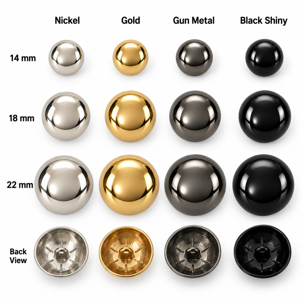 VP 38 Silver Half-Ball Metal Shank Button – 14, 18 & 22 mm