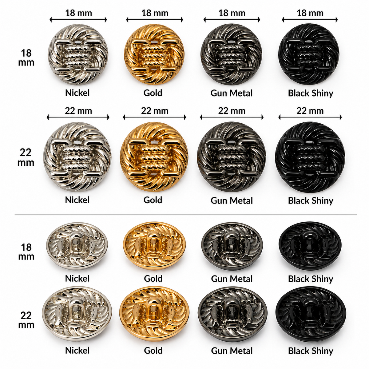 VP 39 Shiny Black Knitted Pattern Metal Shank Button – 18 & 22 mm